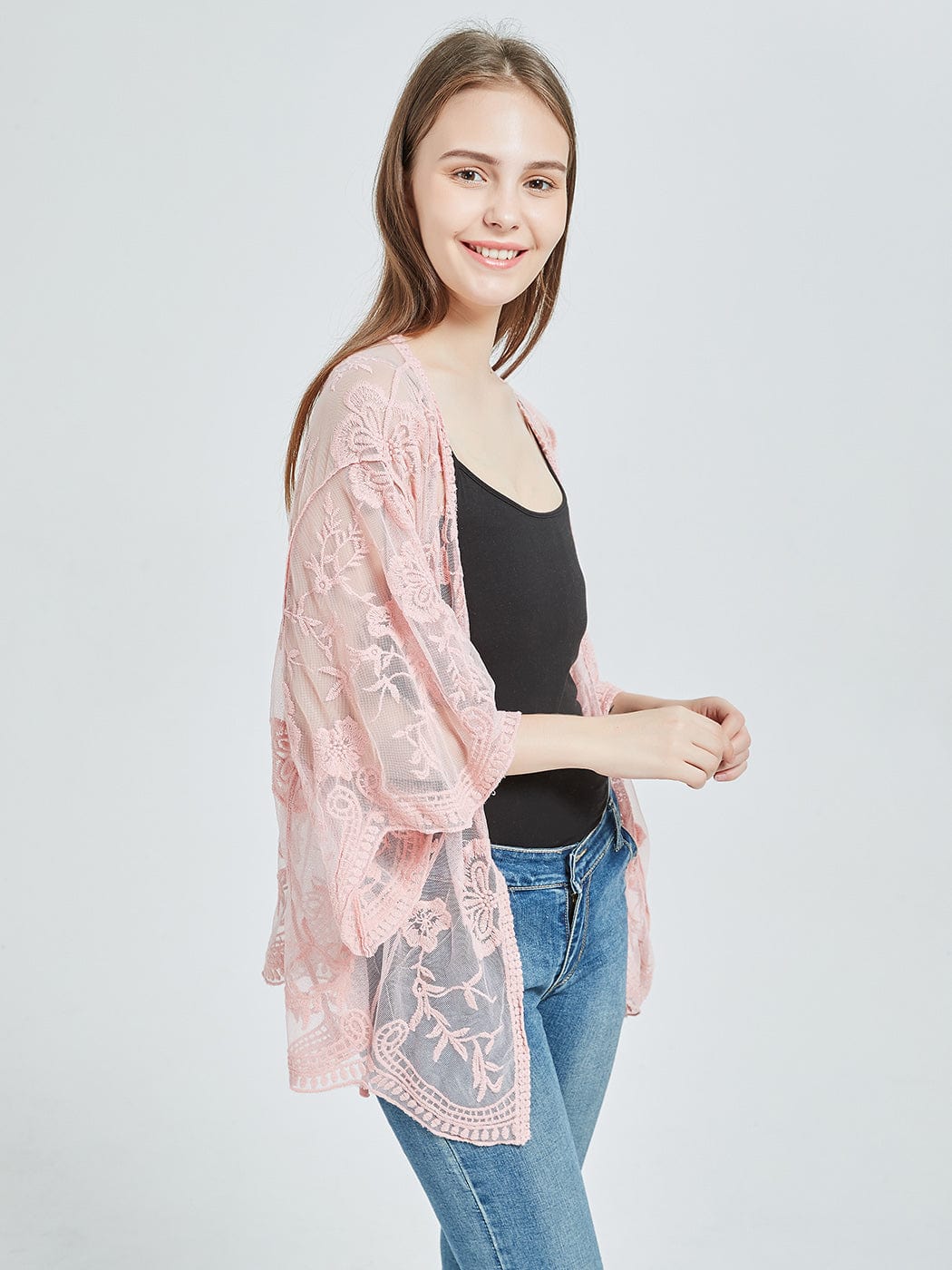 Womens Short Embroidered Lace Kimono Crop Cardigan with Half Sleeves