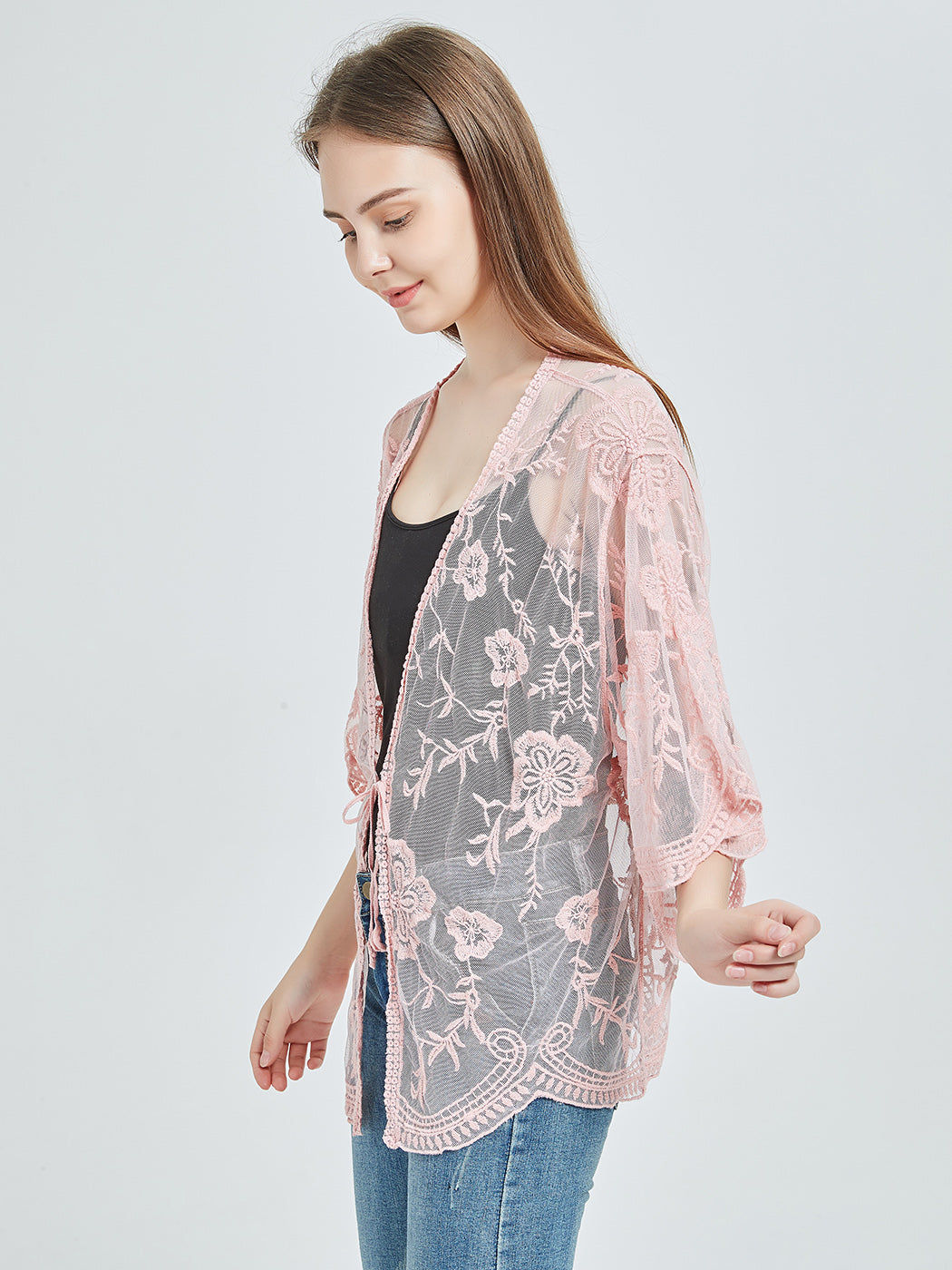 Short Embroidered Lace Kimono Crop Cardigan with Half Sleeves