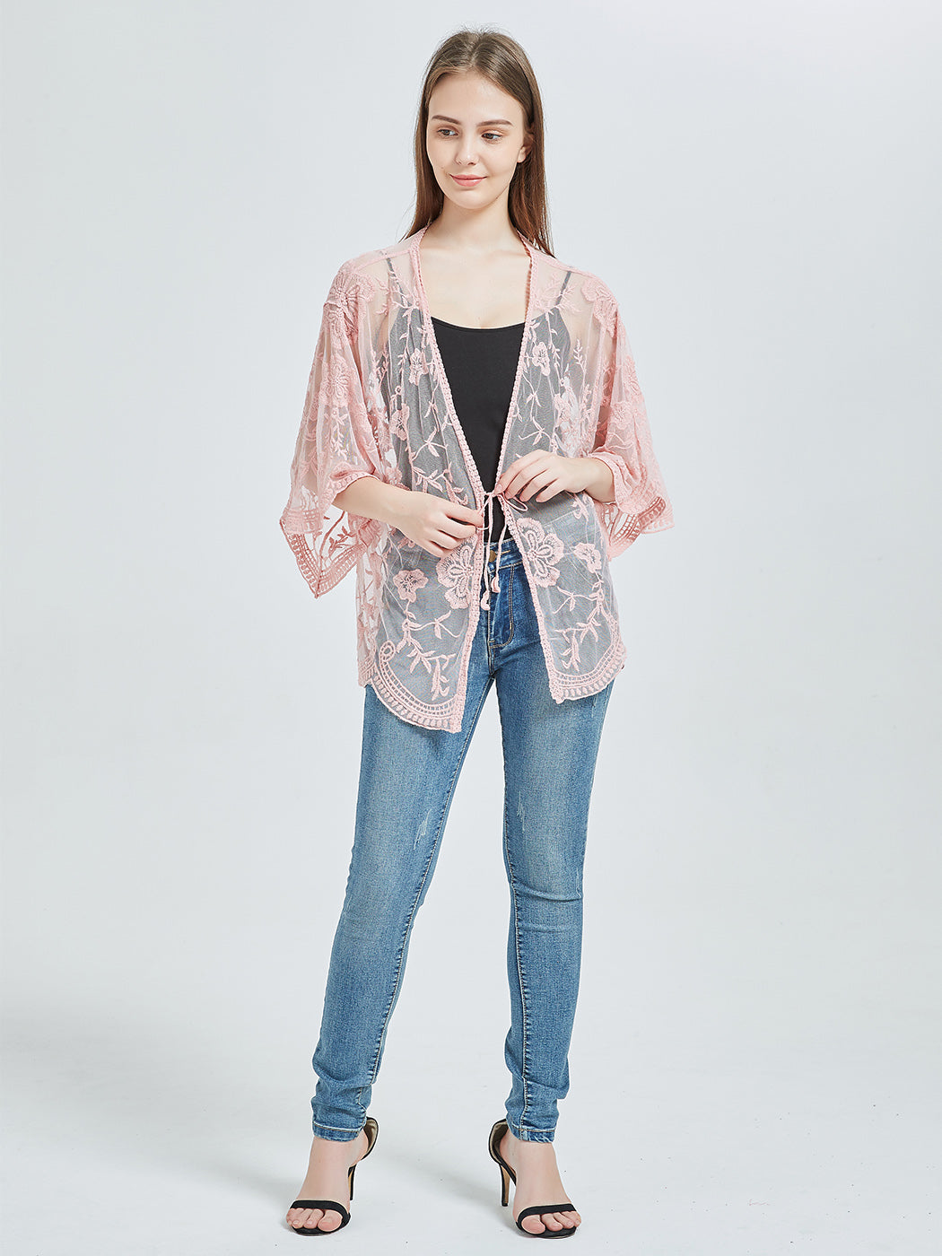 Short Embroidered Lace Kimono Crop Cardigan with Half Sleeves