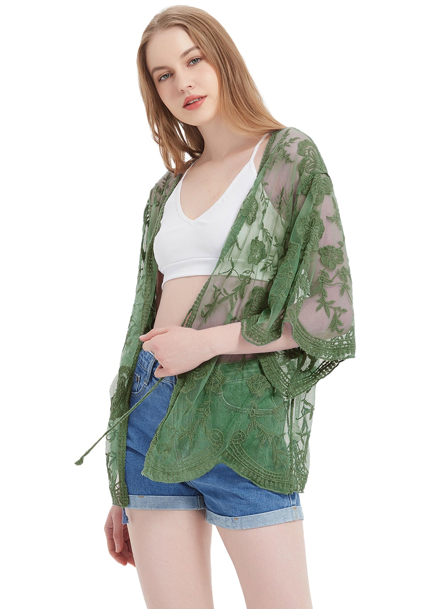 Short Embroidered Lace Kimono Crop Cardigan with Half Sleeves