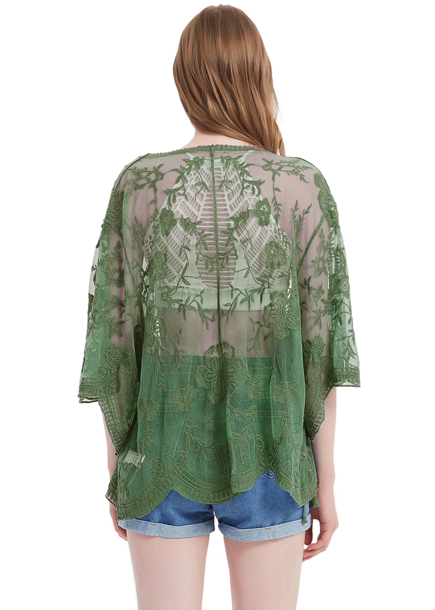 Short Embroidered Lace Kimono Crop Cardigan with Half Sleeves