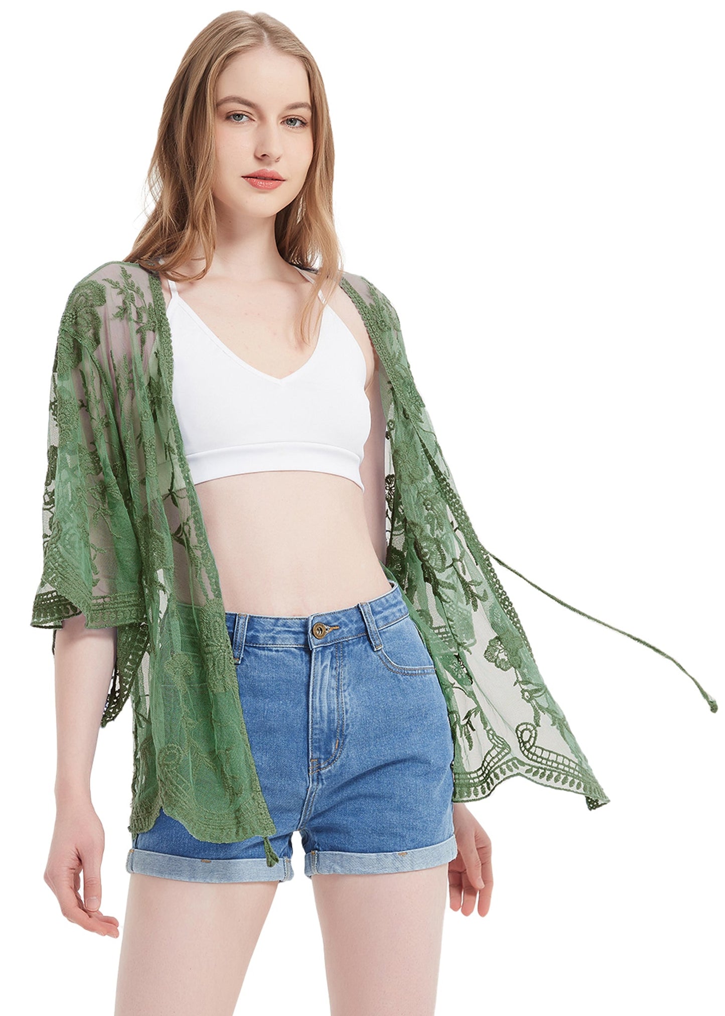 Short Embroidered Lace Kimono Crop Cardigan with Half Sleeves