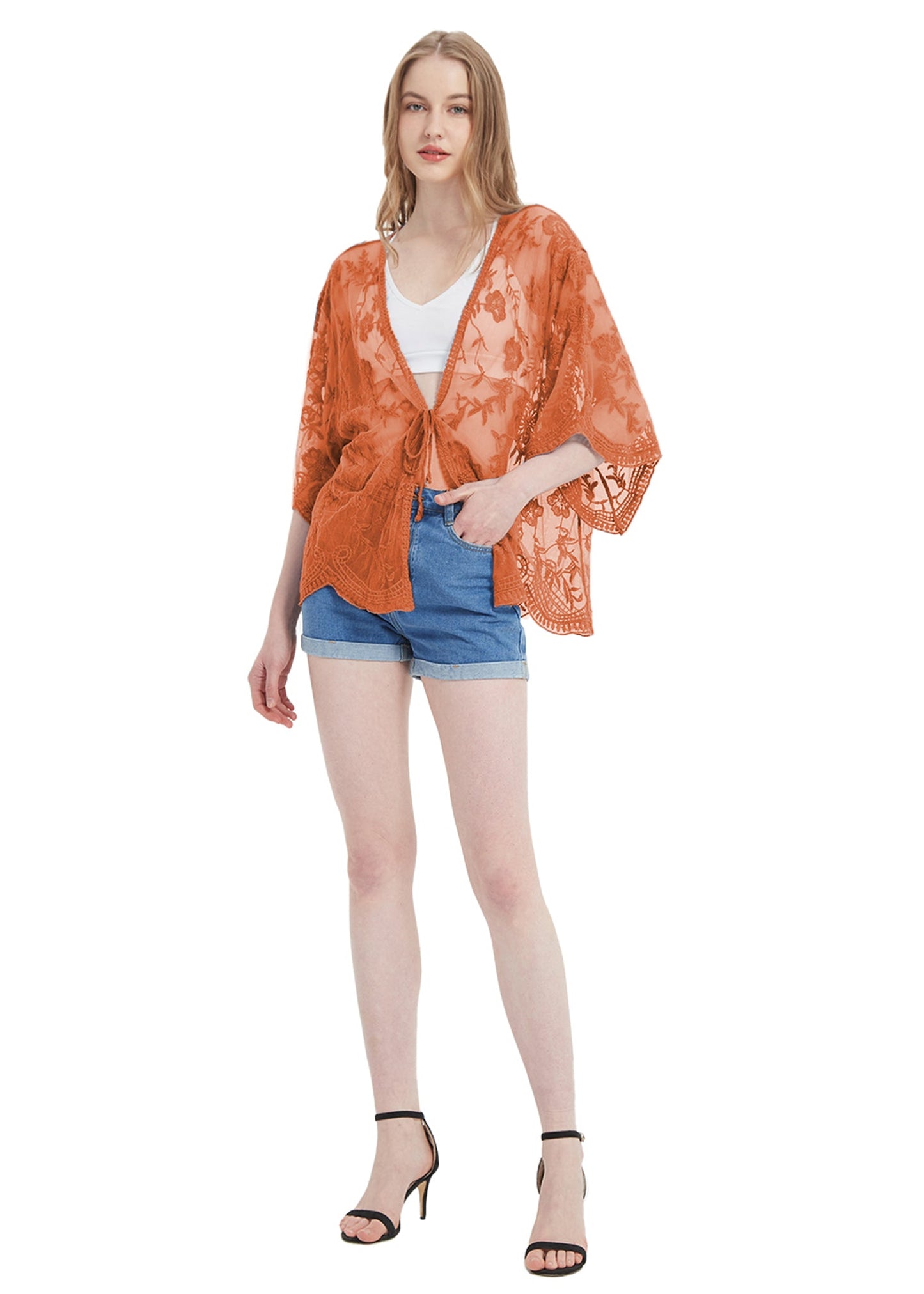 Short Embroidered Lace Kimono Crop Cardigan with Half Sleeves