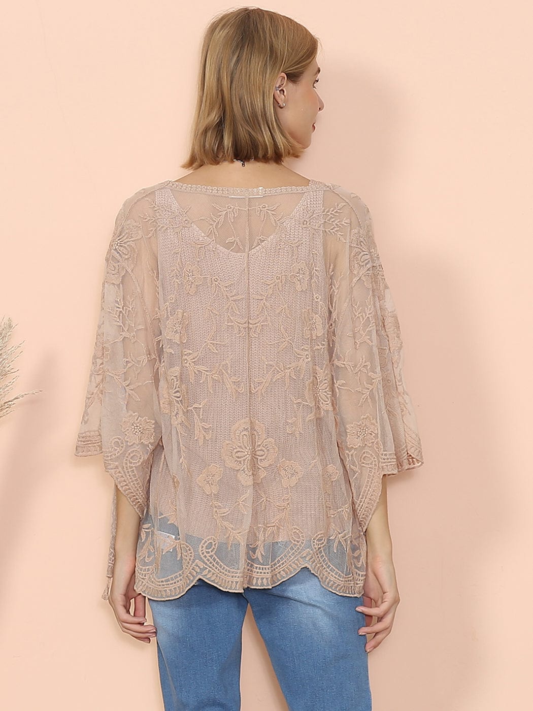 Womens Short Embroidered Lace Kimono Crop Cardigan with Half Sleeves