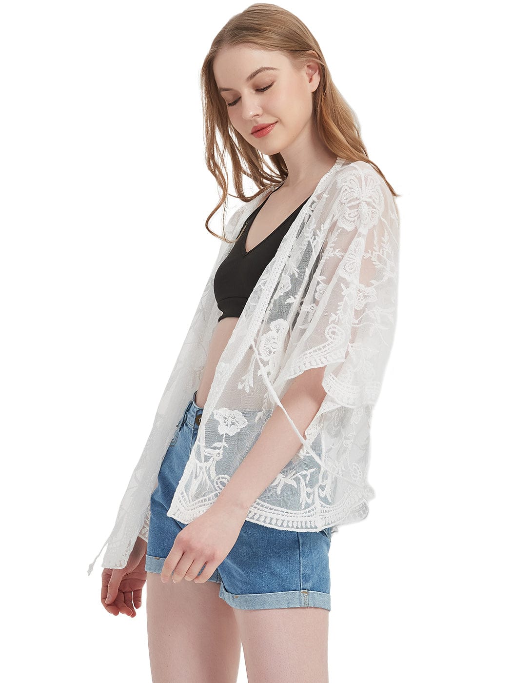 Womens Short Embroidered Lace Kimono Crop Cardigan with Half Sleeves