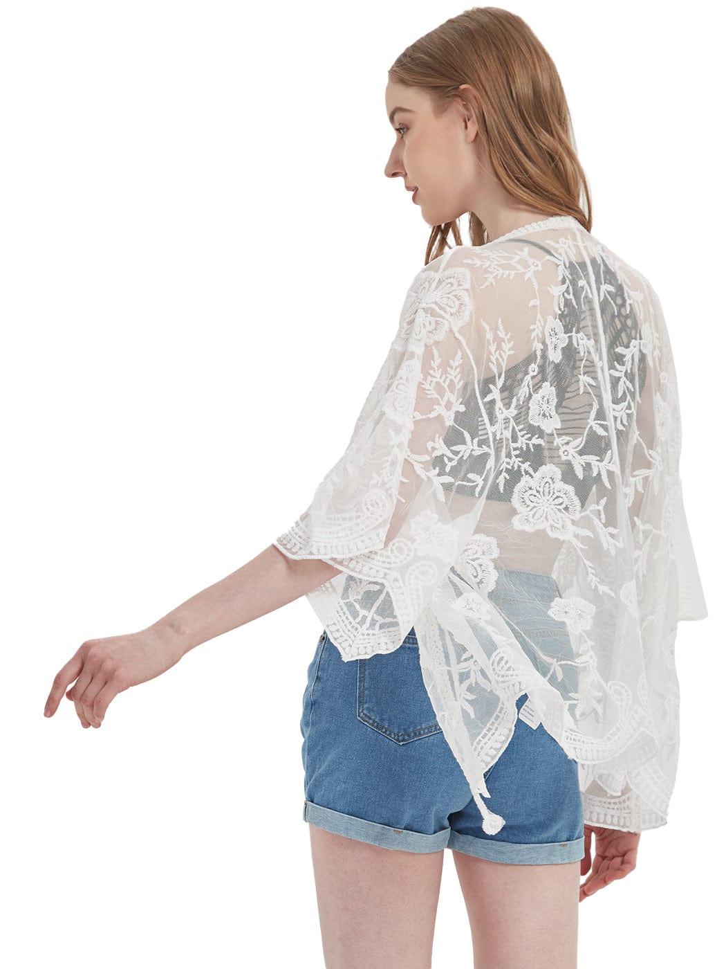 Womens Short Embroidered Lace Kimono Crop Cardigan with Half Sleeves