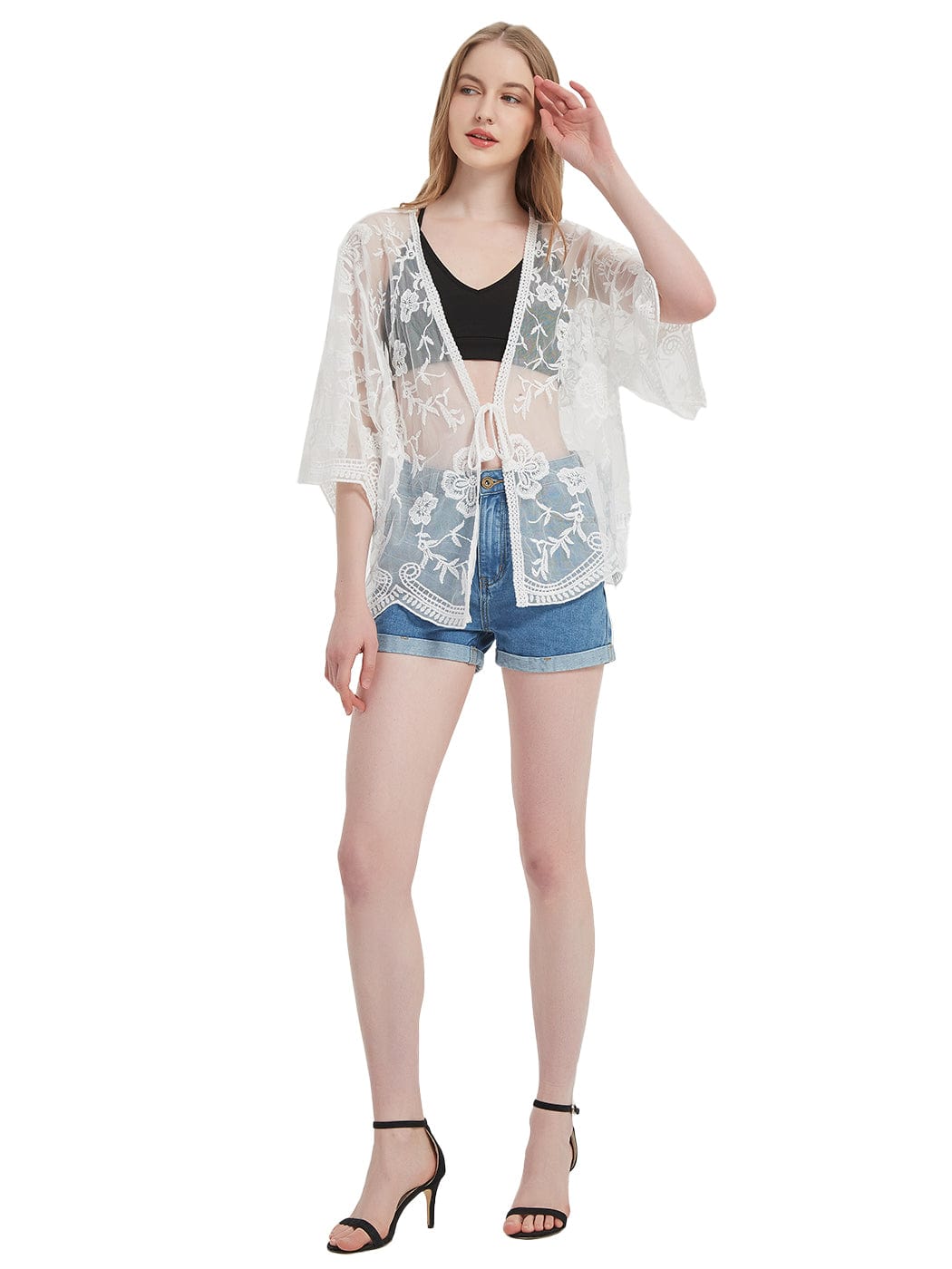 Womens Short Embroidered Lace Kimono Crop Cardigan with Half Sleeves