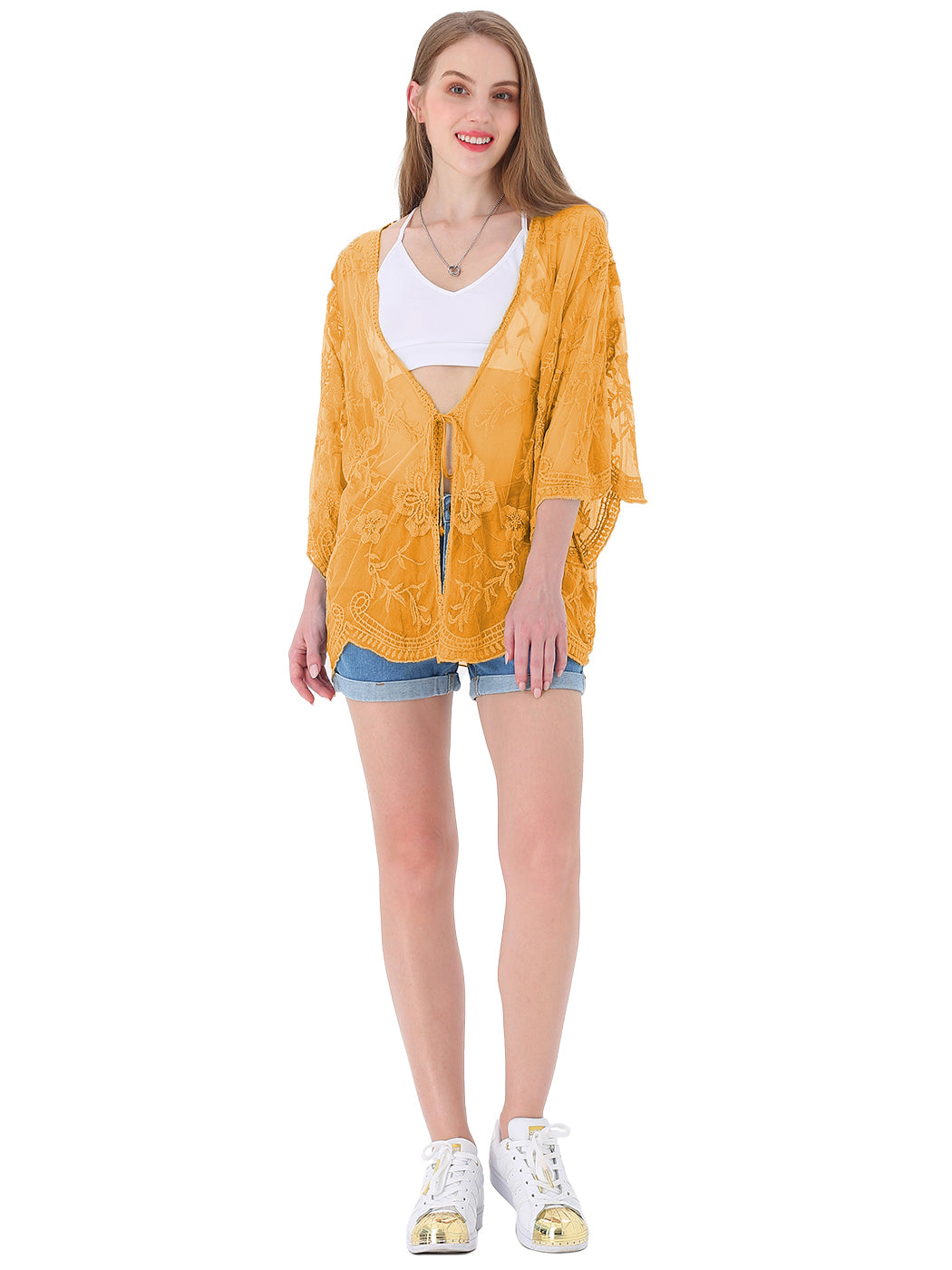 Short Embroidered Lace Kimono Crop Cardigan with Half Sleeves