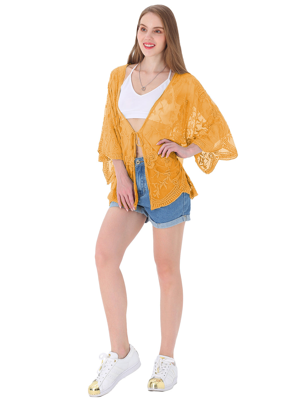 Short Embroidered Lace Kimono Crop Cardigan with Half Sleeves