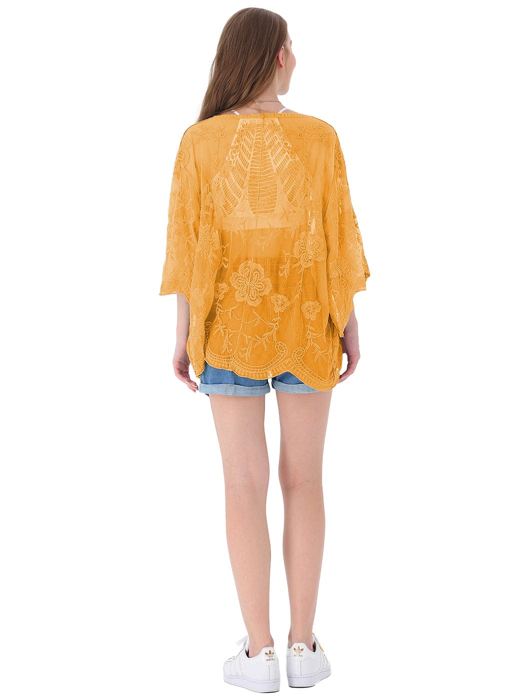 Womens Short Embroidered Lace Kimono Crop Cardigan with Half Sleeves