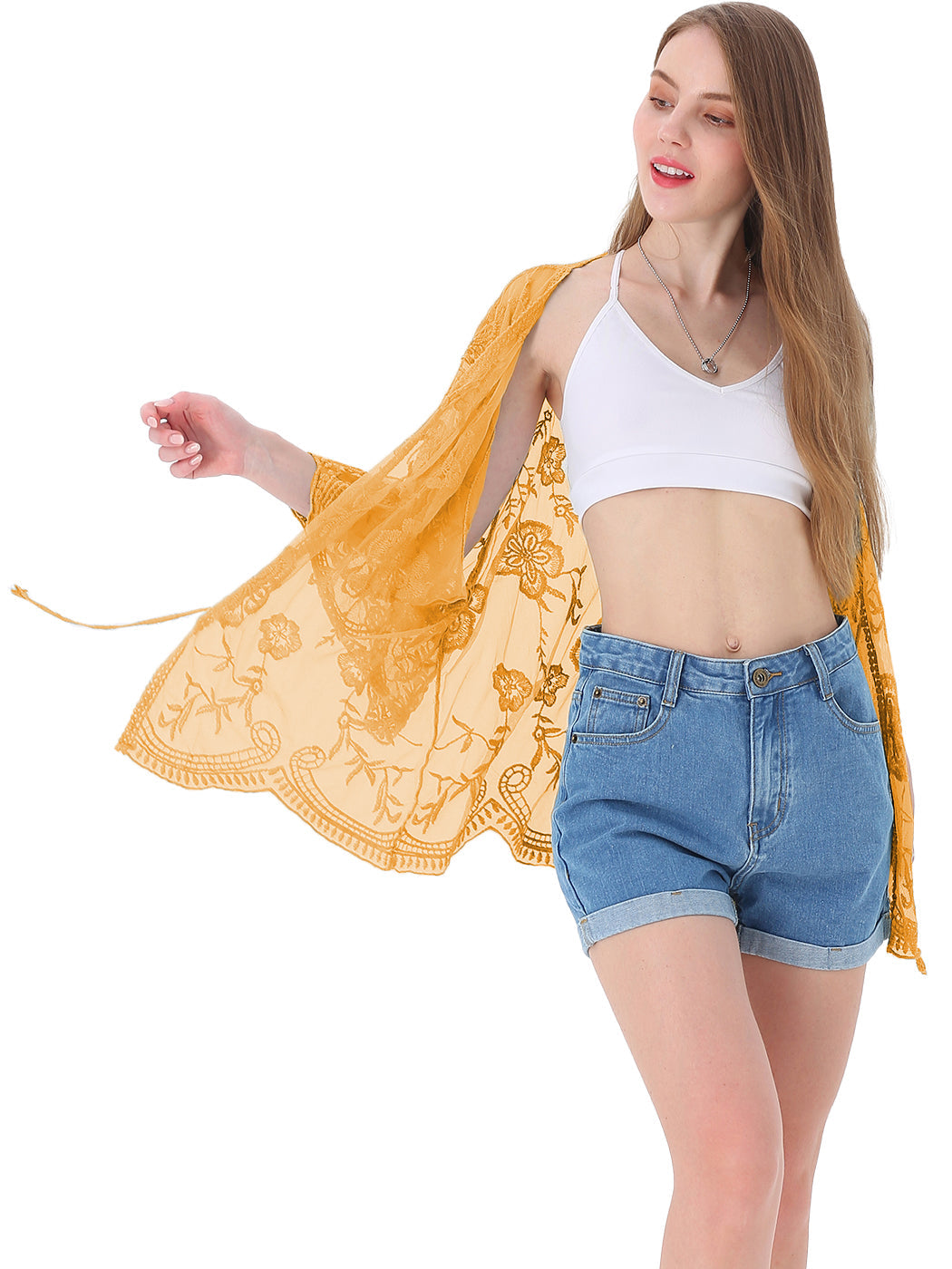 Short Embroidered Lace Kimono Crop Cardigan with Half Sleeves