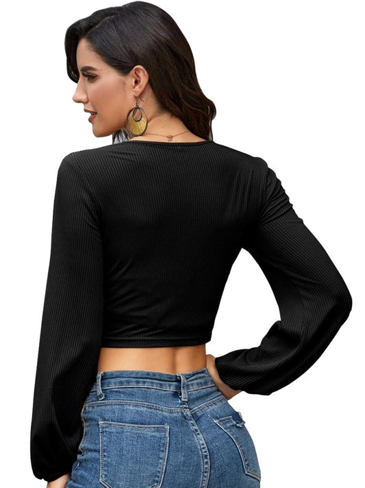 Casual Long Sleeve V Neck Ribbed Ruched Front Tie Crop Top Blouse