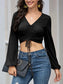 Casual Long Sleeve V Neck Ribbed Ruched Front Tie Crop Top Blouse