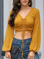 Casual Long Sleeve V Neck Ribbed Ruched Front Tie Crop Top Blouse