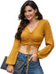 Casual Long Sleeve V Neck Ribbed Ruched Front Tie Crop Top Blouse