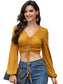 Casual Long Sleeve V Neck Ribbed Ruched Front Tie Crop Top Blouse