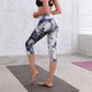 Printed High Waisted Blue White Yoga Gym Stretchy Capri Pants Leggings