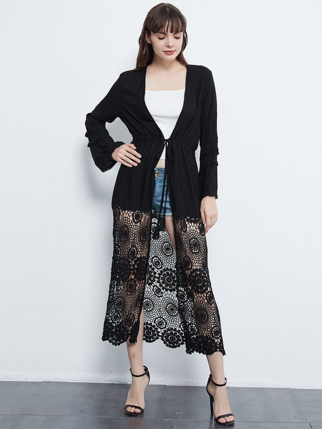 Lace Floral Crochet Embroidered Long Sleeve Drawstring Patchwork Kimono Cardigan