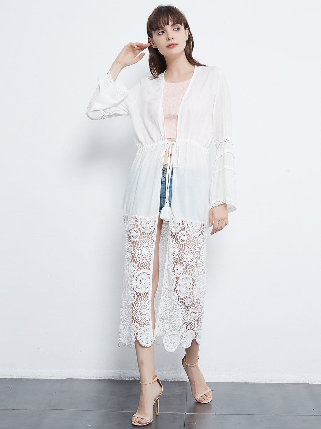 Lace Floral Crochet Embroidered Long Sleeve Drawstring Patchwork Kimono Cardigan