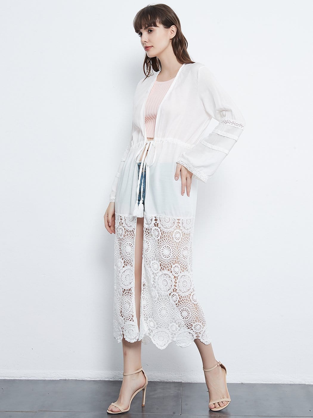 Lace Floral Crochet Embroidered Long Sleeve Drawstring Patchwork Kimono Cardigan