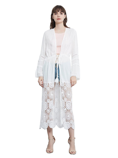 Lace Floral Crochet Embroidered Long Sleeve Drawstring Patchwork Kimono Cardigan