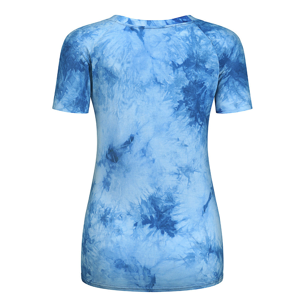 Tie Dye Printed Ripped  Short Sleeve  Loose Top