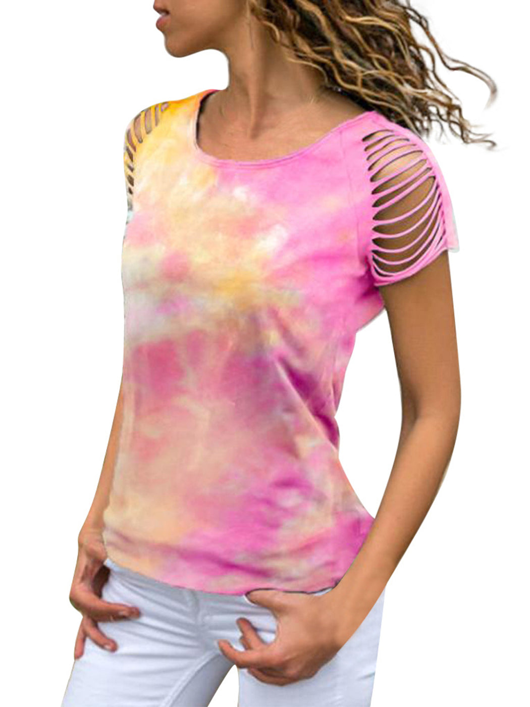 Tie Dye Printed Ripped  Short Sleeve  Loose Top