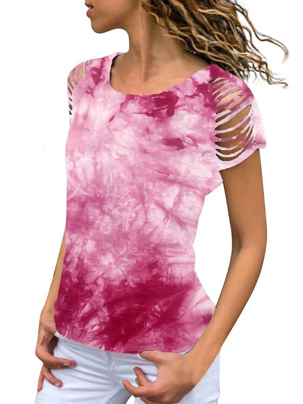 Tie Dye Printed Ripped  Short Sleeve  Loose Top