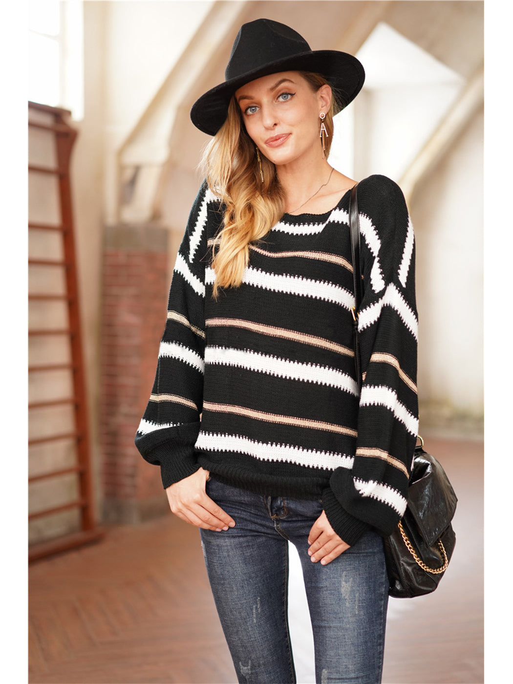 Sweaters Long Sleeve Crew Striped Oversized Knitted Pullover Tops