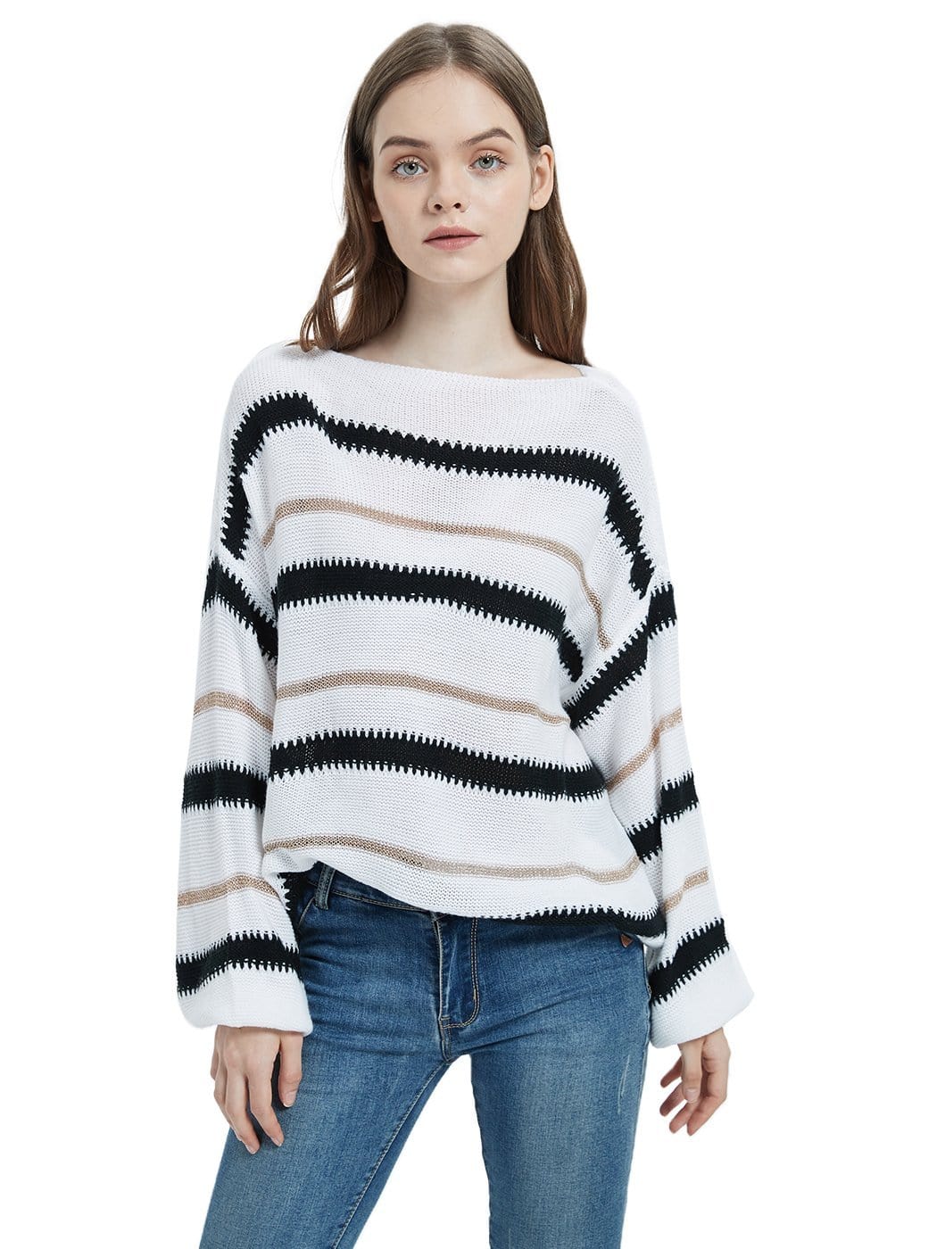 Sweaters Long Sleeve Crew Striped Oversized Knitted Pullover Tops