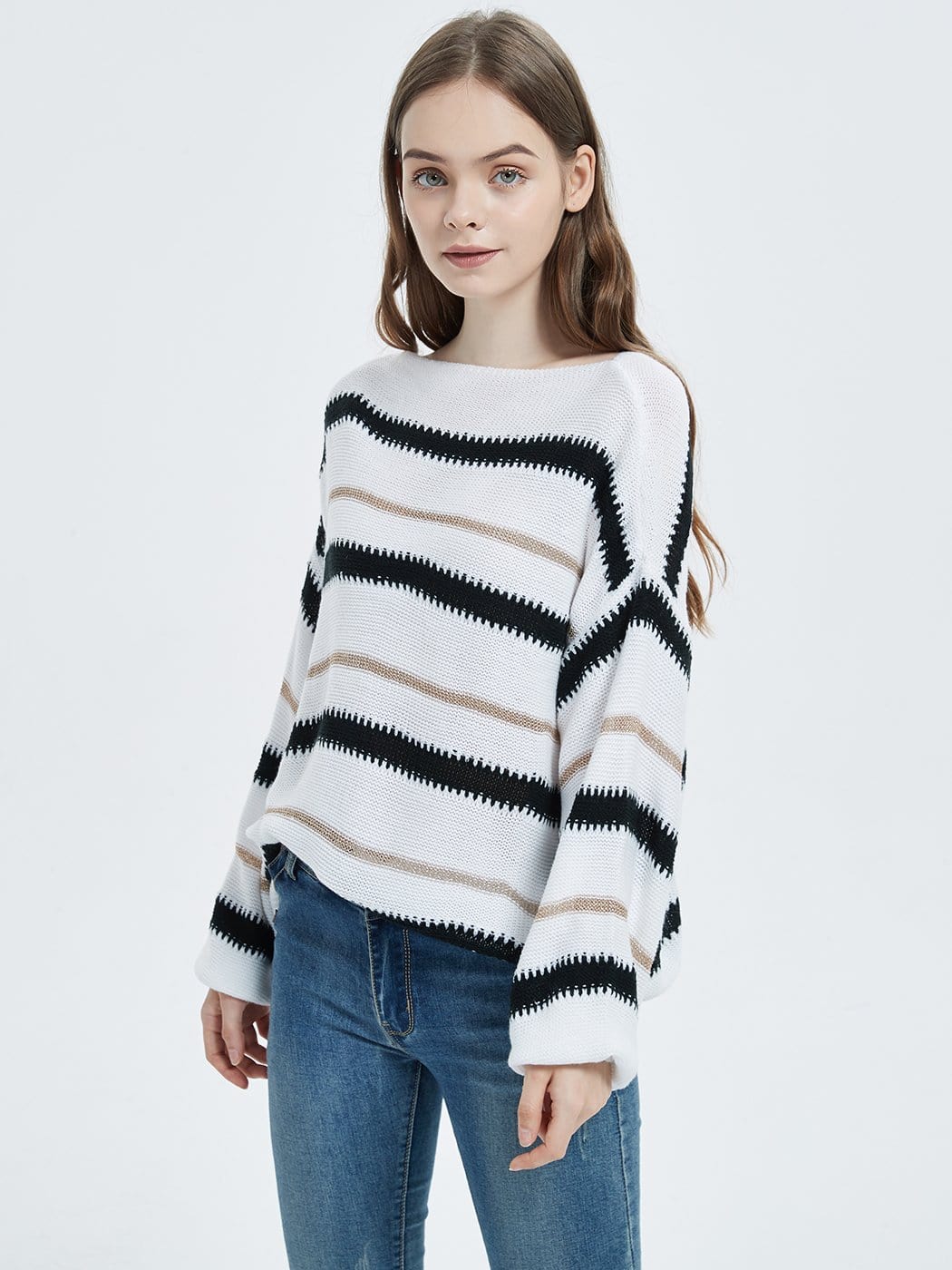 Sweaters Long Sleeve Crew Striped Oversized Knitted Pullover Tops