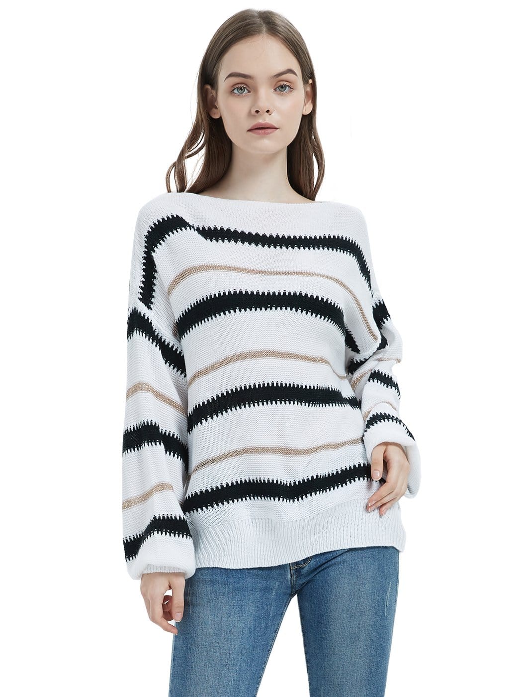 Sweaters Long Sleeve Crew Striped Oversized Knitted Pullover Tops