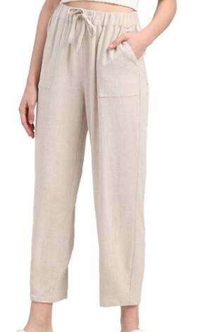 Solid Linen Cropped Pants Loose Drawstring Trousers with 4 Pockets Elastic Waist