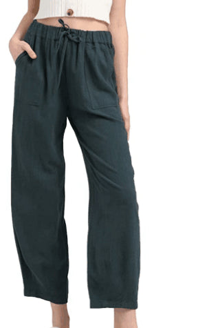 Solid Linen Cropped Pants Loose Drawstring Trousers with 4 Pockets Elastic Waist