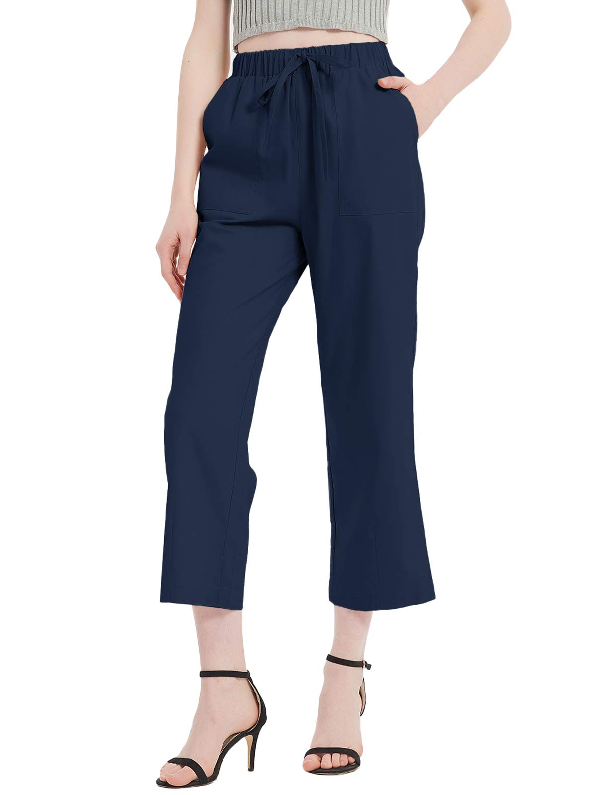 Solid Linen Cropped Pants Loose Drawstring Trousers with 4 Pockets Elastic Waist