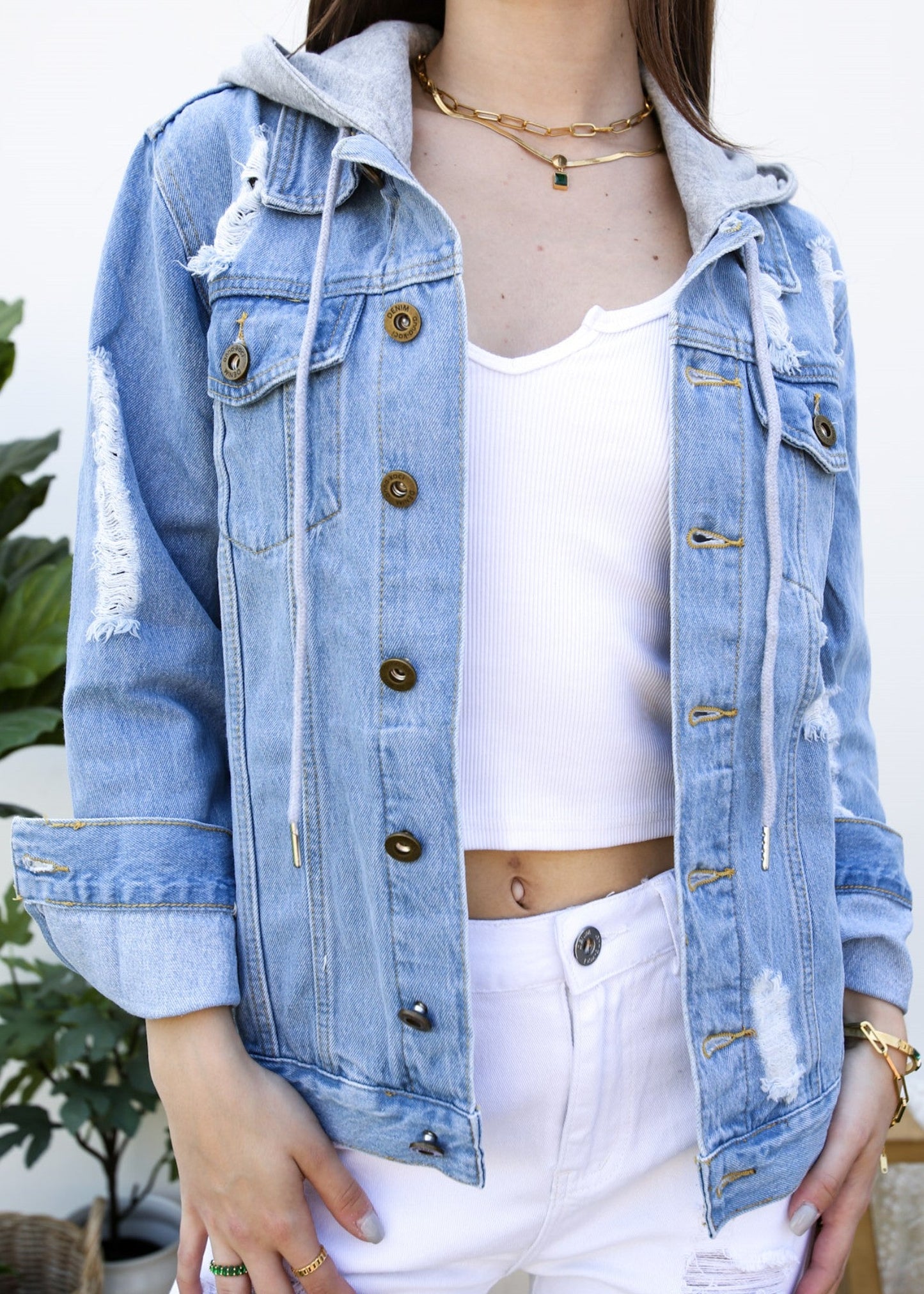 Detachable Hoodie Denim Distressed Jean Jacket