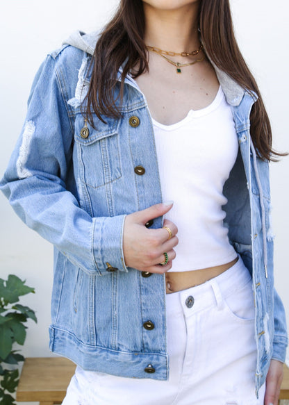 Detachable Hoodie Denim Distressed Jean Jacket