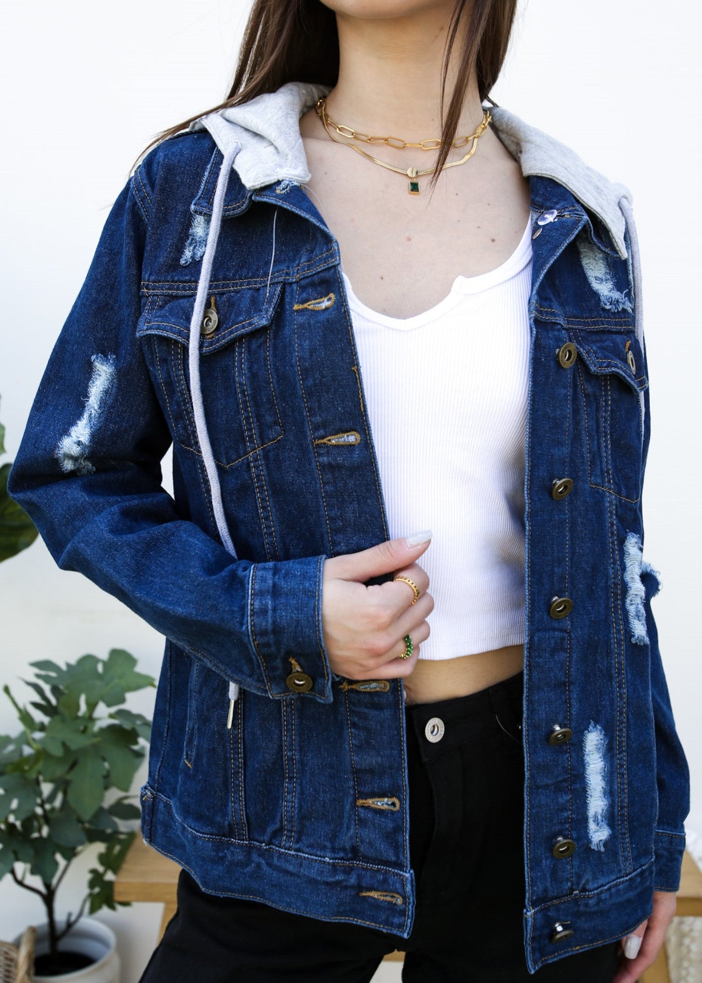 Detachable Hoodie Denim Distressed Jean Jacket