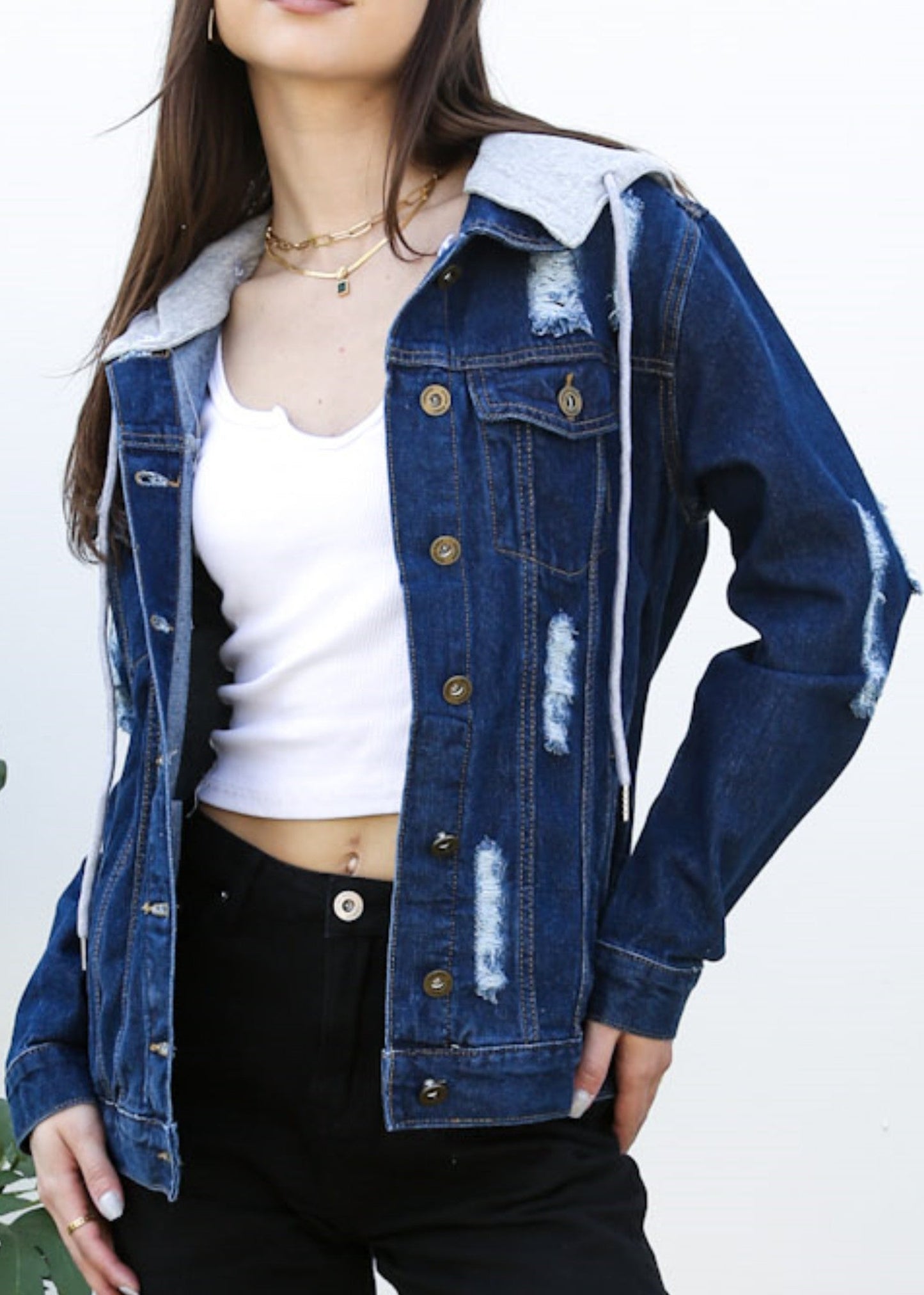 Detachable Hoodie Denim Distressed Jean Jacket