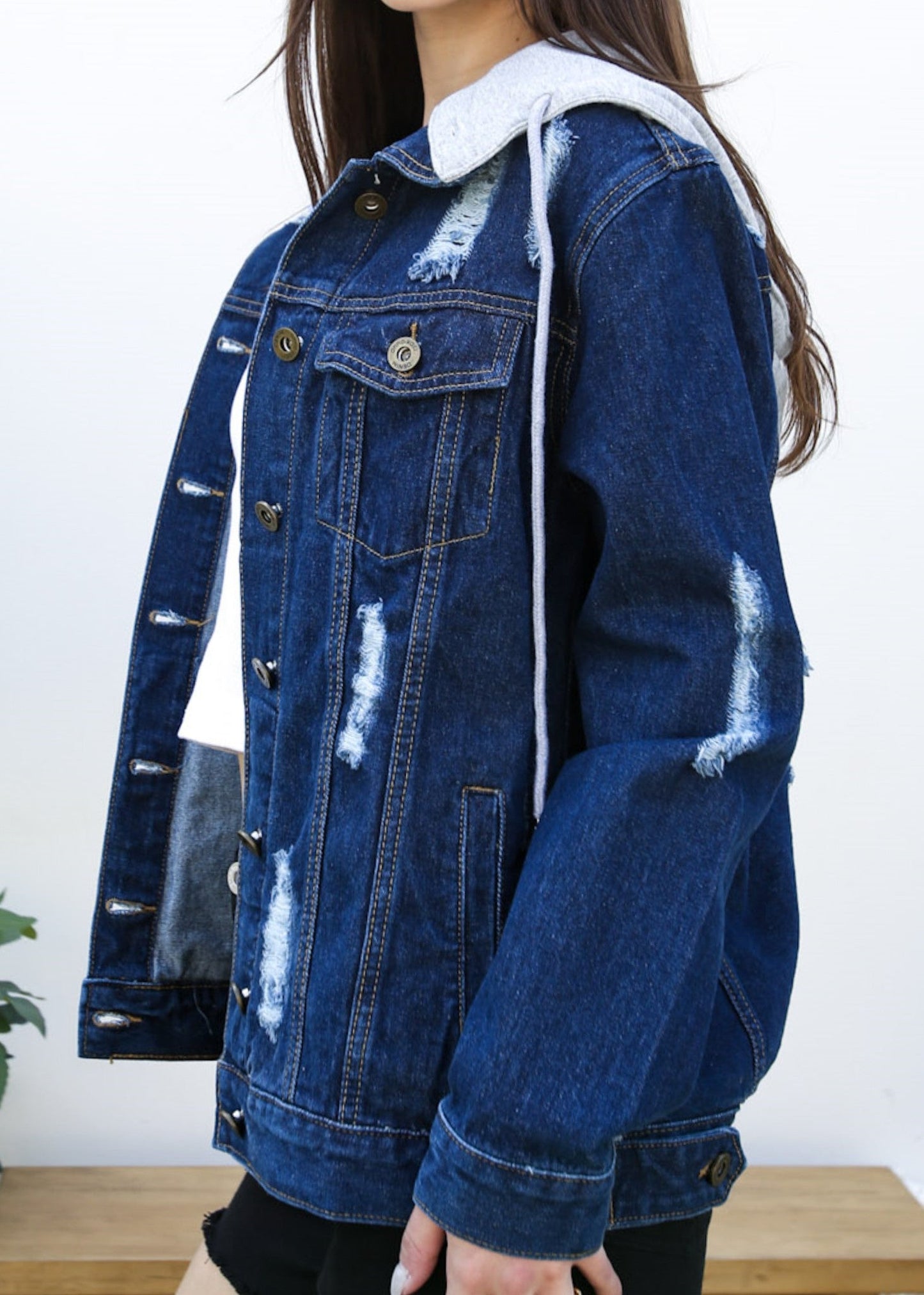 Detachable Hoodie Denim Distressed Jean Jacket