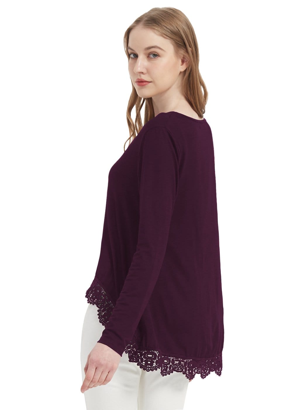 Tunic Tops Long Sleeve Lace Trim U-Neck Blouse Solid Color Shirts