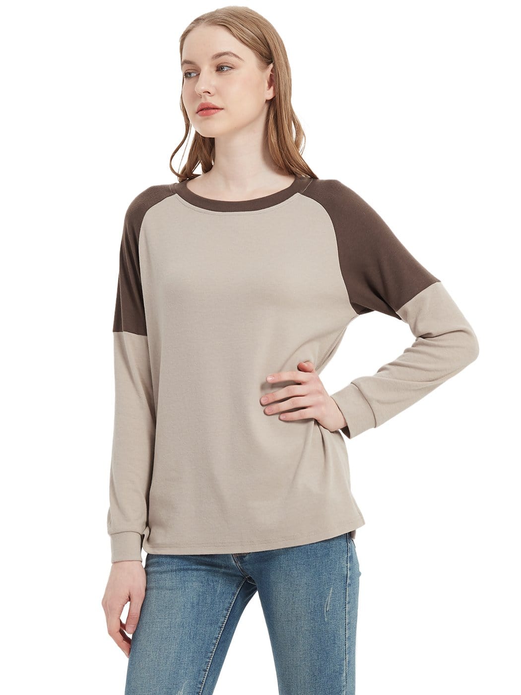 Casual Crewneck Sweatshirts Long Sleeve Color Block Blouses Side Slit Pullover Tops