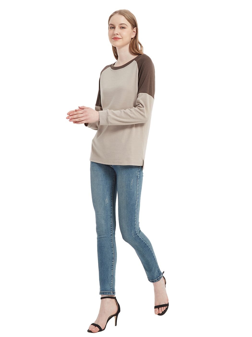 Casual Crewneck Sweatshirts Long Sleeve Color Block Blouses Side Slit Pullover Tops