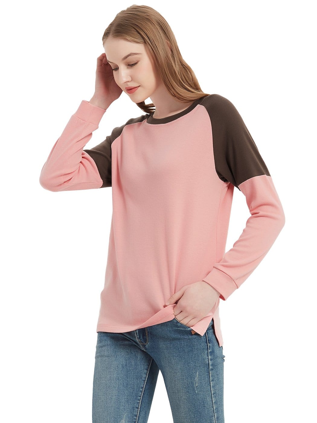 Casual Crewneck Sweatshirts Long Sleeve Color Block Blouses Side Slit Pullover Tops