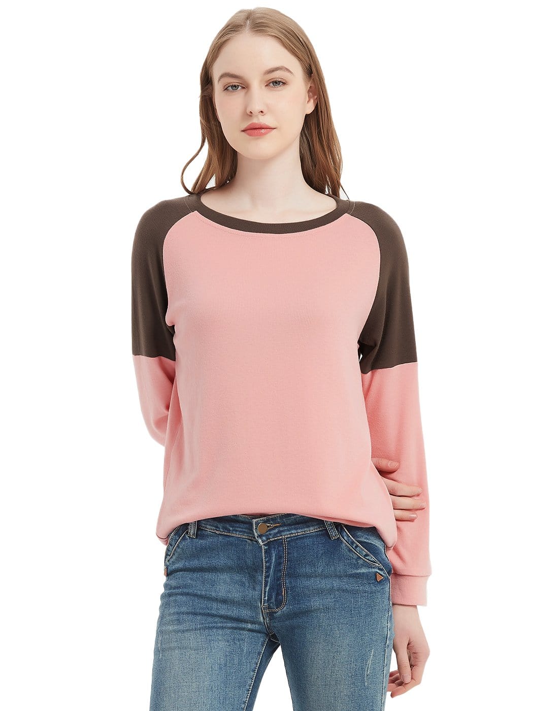 Casual Crewneck Sweatshirts Long Sleeve Color Block Blouses Side Slit Pullover Tops