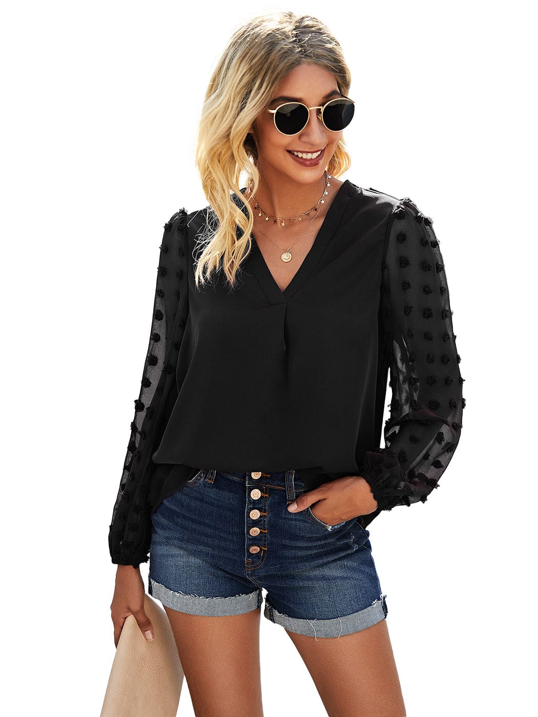 Chiffon Blouse V Neck Pom Pom Tops Long Sleeve Swiss Dot Shirts