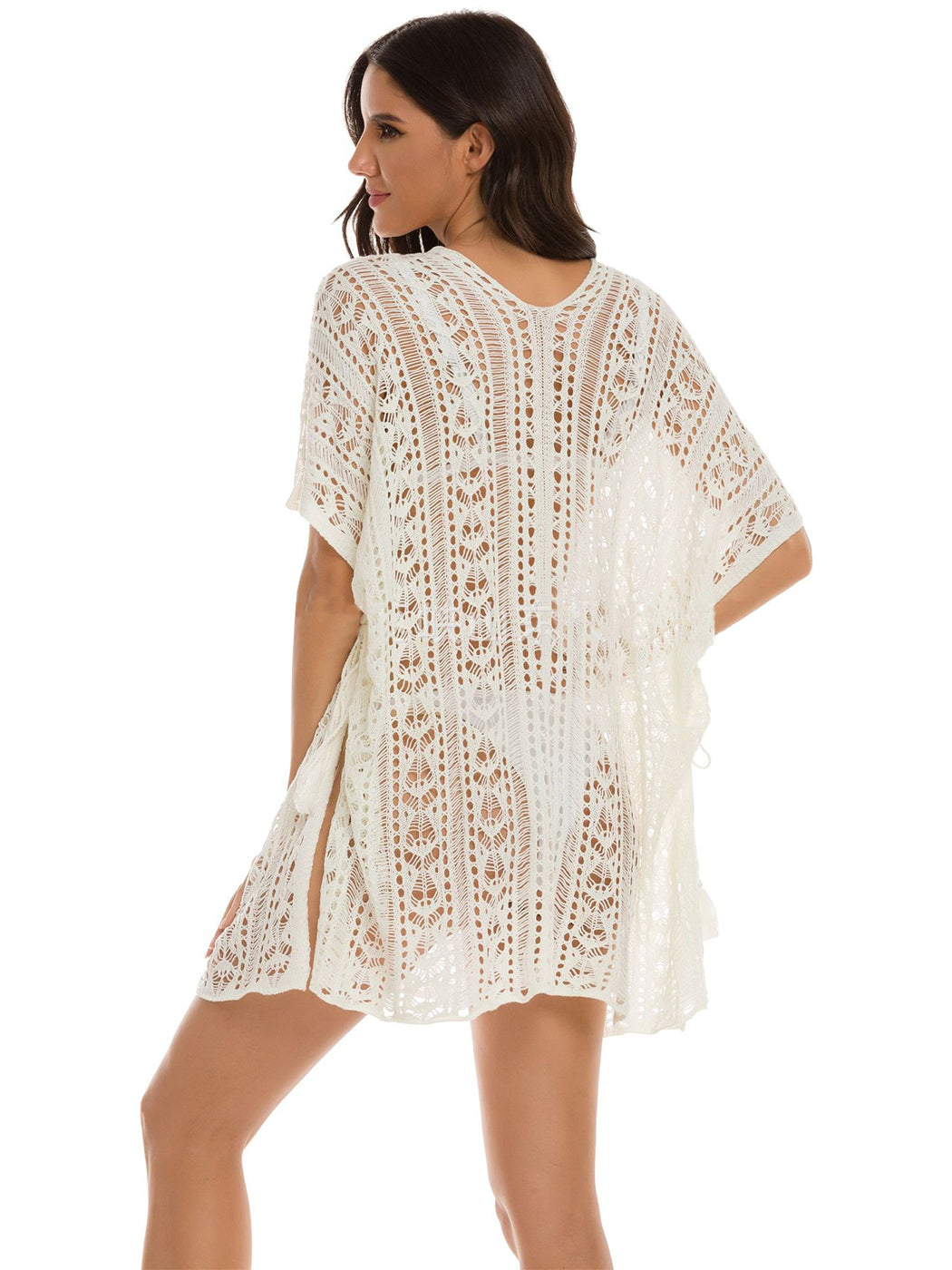 Anna-Kaci Women's White Crochet Cover Up Bathing Suit 3/4 Sleeve Tassel Dress Beach Wear