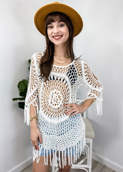 Anna-Kaci Women's White Crochet Cover Up Bathing Suit 3/4 Sleeve Tassel Dress Beach Wear