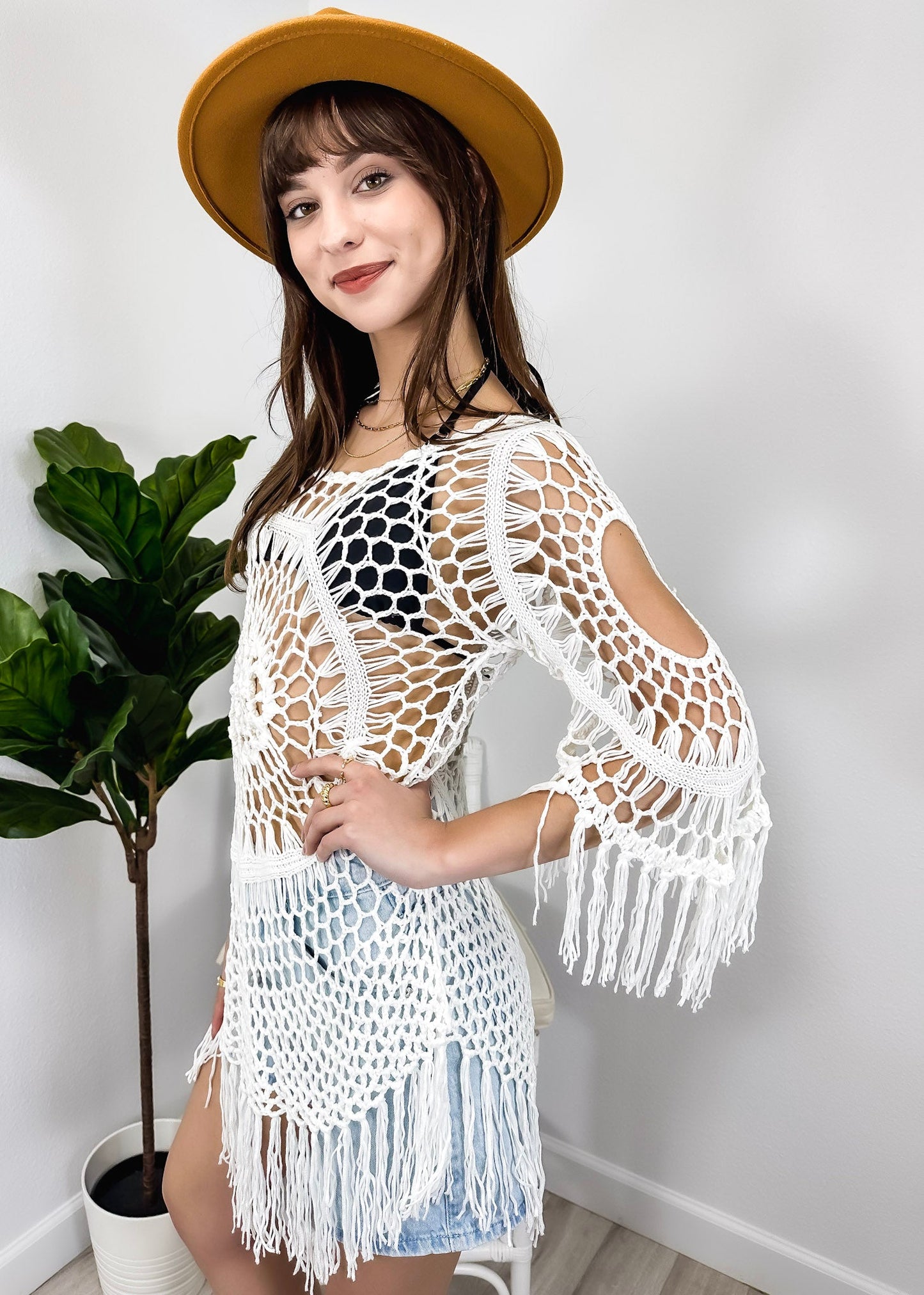 Anna-Kaci Women's White Crochet Cover Up Bathing Suit 3/4 Sleeve Tassel Dress Beach Wear