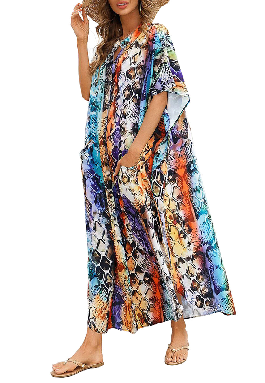 Chiffon Leopard Turkish Kaftan Pockets Swimwear Bikini Cover Up Maxi Dress